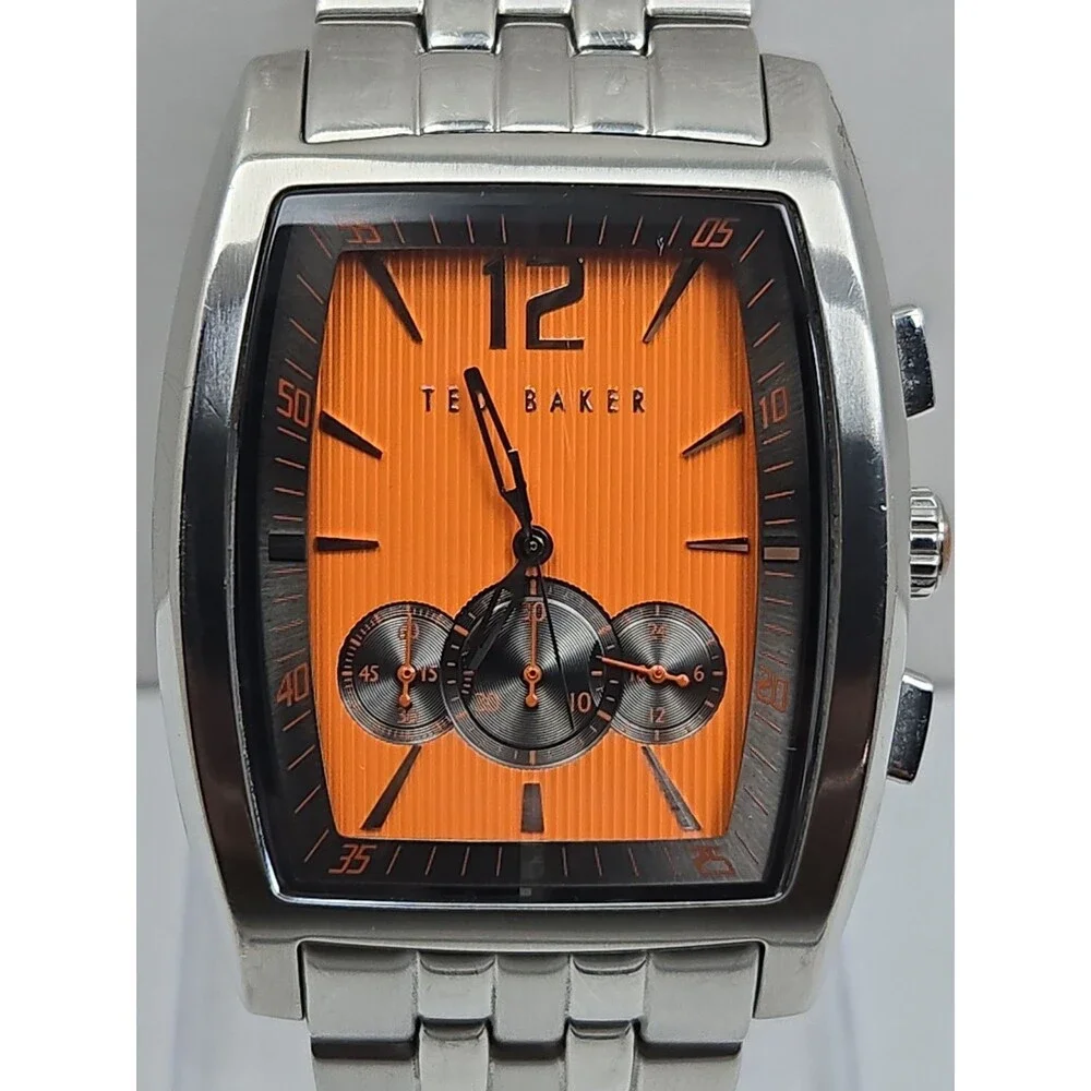 Ted Baker Mens Orange Dial Chronograph 39mm Watch Stainless Steel New Battery